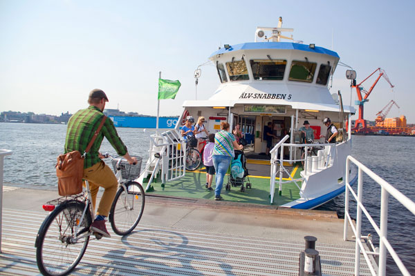 cyclist boarding a ferry in Gothenburg