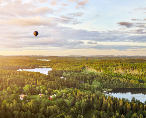 ariel view of forests and lakes outside of Gothenburg